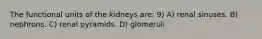 The functional units of the kidneys are: 9) A) renal sinuses. B) nephrons. C) renal pyramids. D) glomeruli