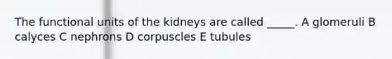 The functional units of the kidneys are called _____. A glomeruli B calyces C nephrons D corpuscles E tubules