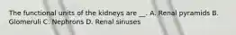 The functional units of the kidneys are __. A. Renal pyramids B. Glomeruli C. Nephrons D. Renal sinuses