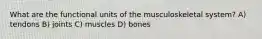 What are the functional units of the musculoskeletal system? A) tendons B) joints C) muscles D) bones