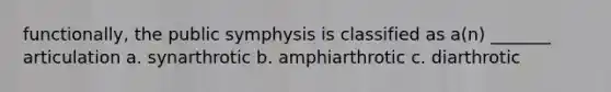 functionally, the public symphysis is classified as a(n) _______ articulation a. synarthrotic b. amphiarthrotic c. diarthrotic