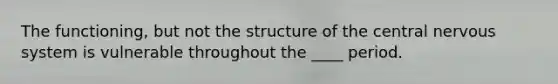 The functioning, but not the structure of the central nervous system is vulnerable throughout the ____ period.