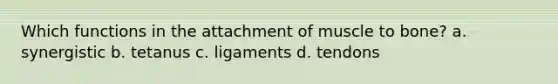 Which functions in the attachment of muscle to bone? a. synergistic b. tetanus c. ligaments d. tendons