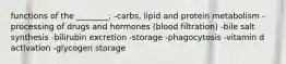 functions of the ________: -carbs, lipid and protein metabolism -processing of drugs and hormones (blood filtration) -bile salt synthesis -bilirubin excretion -storage -phagocytosis -vitamin d activation -glycogen storage