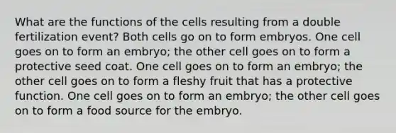 What are the functions of the cells resulting from a double fertilization event? Both cells go on to form embryos. One cell goes on to form an embryo; the other cell goes on to form a protective seed coat. One cell goes on to form an embryo; the other cell goes on to form a fleshy fruit that has a protective function. One cell goes on to form an embryo; the other cell goes on to form a food source for the embryo.