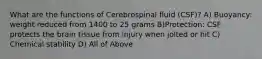 What are the functions of Cerebrospinal fluid (CSF)? A) Buoyancy: weight reduced from 1400 to 25 grams B)Protection: CSF protects the brain tissue from injury when jolted or hit C) Chemical stability D) All of Above