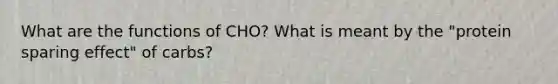 What are the functions of CHO? What is meant by the "protein sparing effect" of carbs?