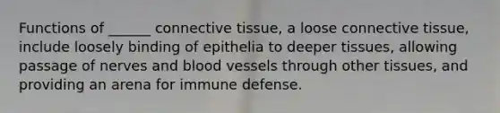 Functions of ______ connective tissue, a loose connective tissue, include loosely binding of epithelia to deeper tissues, allowing passage of nerves and blood vessels through other tissues, and providing an arena for immune defense.