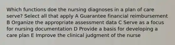 Which functions doe the nursing diagnoses in a plan of care serve? Select all that apply A Guarantee financial reimbursement B Organize the appropriate assessment data C Serve as a focus for nursing documentation D Provide a basis for developing a care plan E Improve the clinical judgment of the nurse