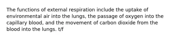 The functions of external respiration include the uptake of environmental air into the lungs, the passage of oxygen into the capillary blood, and the movement of carbon dioxide from the blood into the lungs. t/f