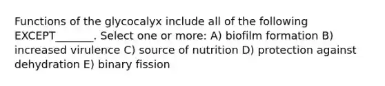 Functions of the glycocalyx include all of the following EXCEPT_______. Select one or more: A) biofilm formation B) increased virulence C) source of nutrition D) protection against dehydration E) binary fission