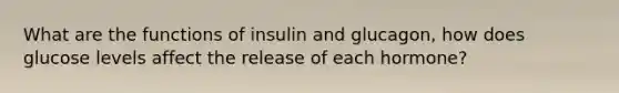 What are the functions of insulin and glucagon, how does glucose levels affect the release of each hormone?