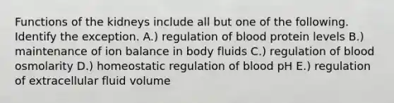 Functions of the kidneys include all but one of the following. Identify the exception. A.) regulation of blood protein levels B.) maintenance of ion balance in body fluids C.) regulation of blood osmolarity D.) homeostatic regulation of blood pH E.) regulation of extracellular fluid volume