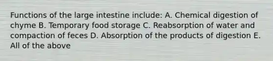 Functions of the large intestine include: A. Chemical digestion of chyme B. Temporary food storage C. Reabsorption of water and compaction of feces D. Absorption of the products of digestion E. All of the above