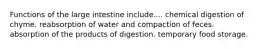 Functions of the large intestine include.... chemical digestion of chyme. reabsorption of water and compaction of feces. absorption of the products of digestion. temporary food storage.