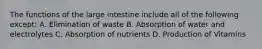 The functions of the large intestine include all of the following except: A. Elimination of waste B. Absorption of water and electrolytes C. Absorption of nutrients D. Production of Vitamins