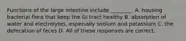 Functions of the large intestine include ________. A. housing bacterial flora that keep the GI tract healthy B. absorption of water and electrolytes, especially sodium and potassium C. the defecation of feces D. All of these responses are correct.