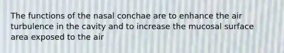 The functions of the nasal conchae are to enhance the air turbulence in the cavity and to increase the mucosal surface area exposed to the air