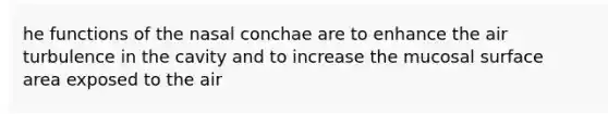 he functions of the nasal conchae are to enhance the air turbulence in the cavity and to increase the mucosal surface area exposed to the air