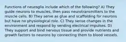 Functions of neuroglia include which of the following? A) They guide neurons to muscles, then pass neurotransmitters to the muscle cells. B) They serve as glue and scaffolding for neurons but have no physiological role. C) They sense changes in the environment and respond by sending electrical impulses. D) They support and bind nervous tissue and provide nutrients and growth factors to neurons by connecting them to blood vessels.