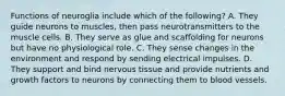 Functions of neuroglia include which of the following? A. They guide neurons to muscles, then pass neurotransmitters to the muscle cells. B. They serve as glue and scaffolding for neurons but have no physiological role. C. They sense changes in the environment and respond by sending electrical impulses. D. They support and bind nervous tissue and provide nutrients and growth factors to neurons by connecting them to blood vessels.