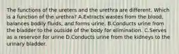 The functions of the ureters and the urethra are different. Which is a function of the urethra? A.Extracts wastes from the blood, balances bodily fluids, and forms urine. B.Conducts urine from the bladder to the outside of the body for elimination. C.Serves as a reservoir for urine D.Conducts urine from the kidneys to the urinary bladder.