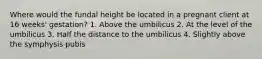 Where would the fundal height be located in a pregnant client at 16 weeks' gestation? 1. Above the umbilicus 2. At the level of the umbilicus 3. Half the distance to the umbilicus 4. Slightly above the symphysis pubis