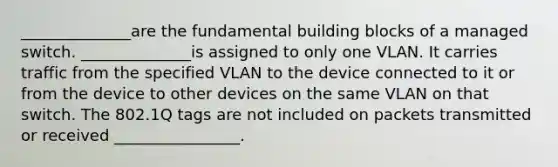 ______________are the fundamental building blocks of a managed switch. ______________is assigned to only one VLAN. It carries traffic from the specified VLAN to the device connected to it or from the device to other devices on the same VLAN on that switch. The 802.1Q tags are not included on packets transmitted or received ________________.