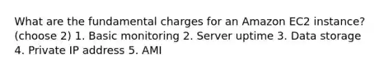 What are the fundamental charges for an Amazon EC2 instance? (choose 2) 1. Basic monitoring 2. Server uptime 3. Data storage 4. Private IP address 5. AMI