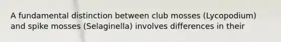 A fundamental distinction between club mosses (Lycopodium) and spike mosses (Selaginella) involves differences in their