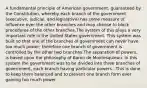 A fundamental principle of American government, guaranteed by the Constitution, whereby each branch of the government (executive, judicial, and legislative) has some measure of influence over the other branches and may choose to block procedures of the other branches.The system of this plays a very important role in the United States government. This system was built so that one of the branches of government can never have too much power; therefore one branch of government is controlled by the other two branches.The separation of powers, is based upon the philosophy of Baron de Montesquieau. In this system the government was to be divided into three branches of government, each branch having particular powers...This is done to keep them balanced and to prevent one branch form ever gaining too much power.