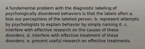 A fundamental problem with the diagnostic labeling of psychologically disordered behaviors is that the labels often a. bias our perceptions of the labeled person. b. represent attempts by psychologists to explain behavior by simply naming it. c. interfere with effective research on the causes of these disorders. d. interfere with effective treatment of these disorders. e. prevent useful research on effective treatments.