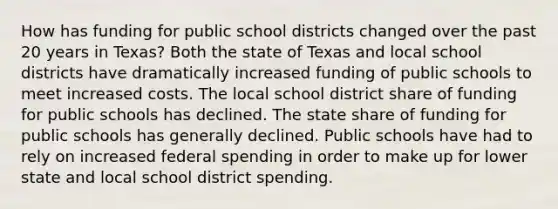 How has funding for public school districts changed over the past 20 years in Texas? Both the state of Texas and local school districts have dramatically increased funding of public schools to meet increased costs. The local school district share of funding for public schools has declined. The state share of funding for public schools has generally declined. Public schools have had to rely on increased federal spending in order to make up for lower state and local school district spending.