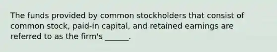 The funds provided by common stockholders that consist of common stock, paid-in capital, and retained earnings are referred to as the firm's ______.