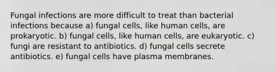 Fungal infections are more difficult to treat than bacterial infections because a) fungal cells, like human cells, are prokaryotic. b) fungal cells, like human cells, are eukaryotic. c) fungi are resistant to antibiotics. d) fungal cells secrete antibiotics. e) fungal cells have plasma membranes.