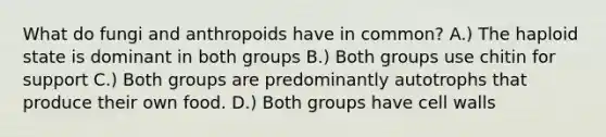 What do fungi and anthropoids have in common? A.) The haploid state is dominant in both groups B.) Both groups use chitin for support C.) Both groups are predominantly autotrophs that produce their own food. D.) Both groups have cell walls