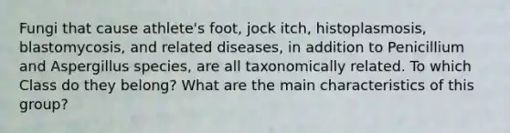 Fungi that cause athlete's foot, jock itch, histoplasmosis, blastomycosis, and related diseases, in addition to Penicillium and Aspergillus species, are all taxonomically related. To which Class do they belong? What are the main characteristics of this group?