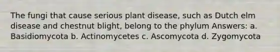 The fungi that cause serious plant disease, such as Dutch elm disease and chestnut blight, belong to the phylum Answers: a. Basidiomycota b. Actinomycetes c. Ascomycota d. Zygomycota