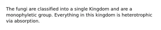 The fungi are classified into a single Kingdom and are a monophyletic group. Everything in this kingdom is heterotrophic via absorption.