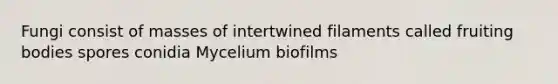 Fungi consist of masses of intertwined filaments called fruiting bodies spores conidia Mycelium biofilms