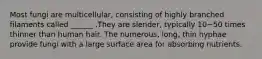 Most fungi are multicellular, consisting of highly branched filaments called ______ ,They are slender, typically 10−50 times thinner than human hair. The numerous, long, thin hyphae provide fungi with a large surface area for absorbing nutrients.