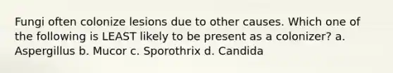 Fungi often colonize lesions due to other causes. Which one of the following is LEAST likely to be present as a colonizer? a. Aspergillus b. Mucor c. Sporothrix d. Candida