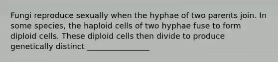 Fungi reproduce sexually when the hyphae of two parents join. In some species, the haploid cells of two hyphae fuse to form diploid cells. These diploid cells then divide to produce genetically distinct ________________