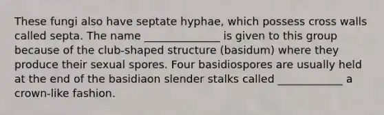 These fungi also have septate hyphae, which possess cross walls called septa. The name ______________ is given to this group because of the club-shaped structure (basidum) where they produce their sexual spores. Four basidiospores are usually held at the end of the basidiaon slender stalks called ____________ a crown-like fashion.