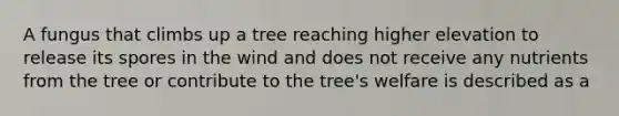 A fungus that climbs up a tree reaching higher elevation to release its spores in the wind and does not receive any nutrients from the tree or contribute to the tree's welfare is described as a