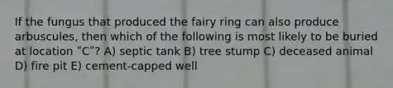 If the fungus that produced the fairy ring can also produce arbuscules, then which of the following is most likely to be buried at location ʺCʺ? A) septic tank B) tree stump C) deceased animal D) fire pit E) cement-capped well