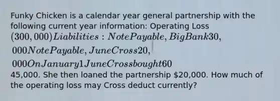 Funky Chicken is a calendar year general partnership with the following current year information: Operating Loss (300,000) Liabilities: Note Payable, Big Bank 30,000 Note Payable, June Cross 20,000 On January 1 June Cross bought 60% of Funky Chicken for45,000. She then loaned the partnership 20,000. How much of the operating loss may Cross deduct currently?