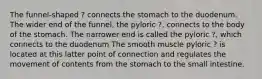 The funnel-shaped ? connects the stomach to the duodenum. The wider end of the funnel, the pyloric ?, connects to the body of the stomach. The narrower end is called the pyloric ?, which connects to the duodenum The smooth muscle pyloric ? is located at this latter point of connection and regulates the movement of contents from the stomach to the small intestine.