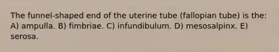 The funnel-shaped end of the uterine tube (fallopian tube) is the: A) ampulla. B) fimbriae. C) infundibulum. D) mesosalpinx. E) serosa.