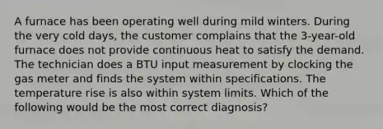 A furnace has been operating well during mild winters. During the very cold days, the customer complains that the 3-year-old furnace does not provide continuous heat to satisfy the demand. The technician does a BTU input measurement by clocking the gas meter and finds the system within specifications. The temperature rise is also within system limits. Which of the following would be the most correct diagnosis?